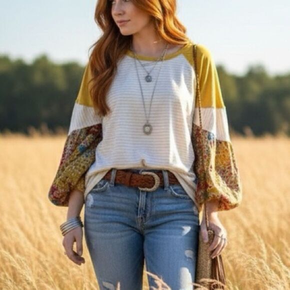 Umgee Tops - Umgee Cotton Yellow Stripe With Contrast Balloon Sleeves T-shirt Top L